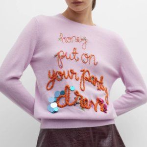 LINGUA FRANCA Tom Petty Honey Put On Your Party Dress Hand-Embroidered Sweater
